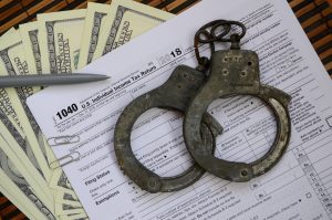Police handcuffs lie on the tax form 1040